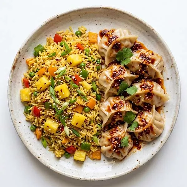 Szechuan Chicken Momo With Pineapple Fried Rice